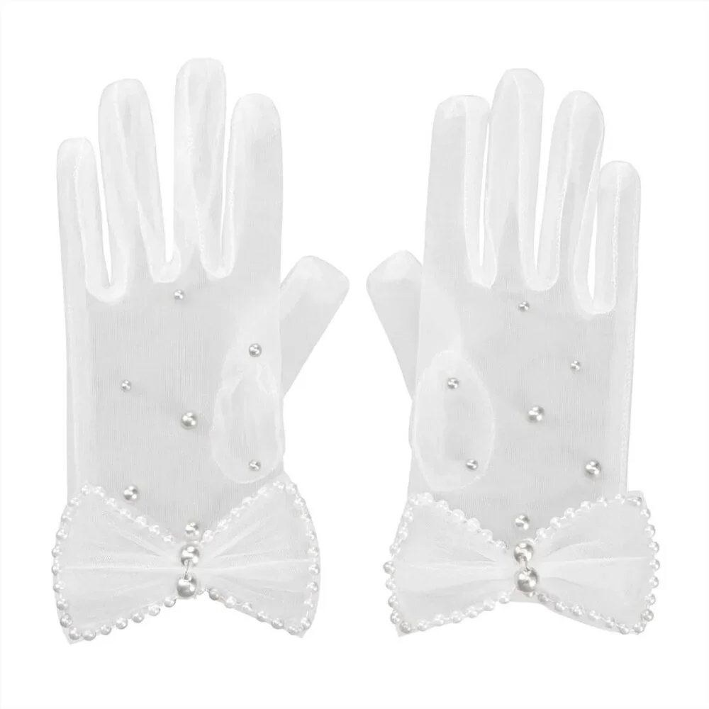 Women's Tulle Mesh Short Pearl Bow White Gloves Wedding Party Tea Accessories